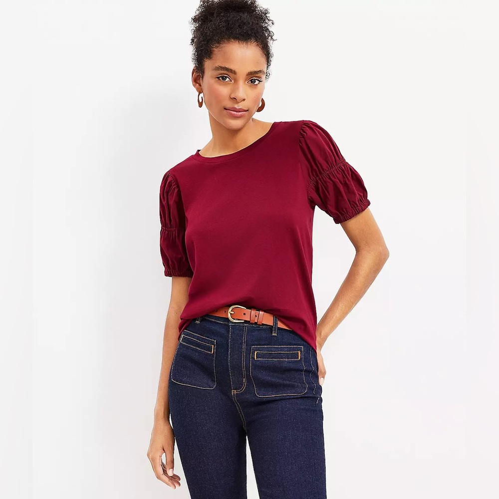 NWT Ann Taylor Loft Petite Mixed Media Smocked Puff Sleeve Top Small XSP Wine